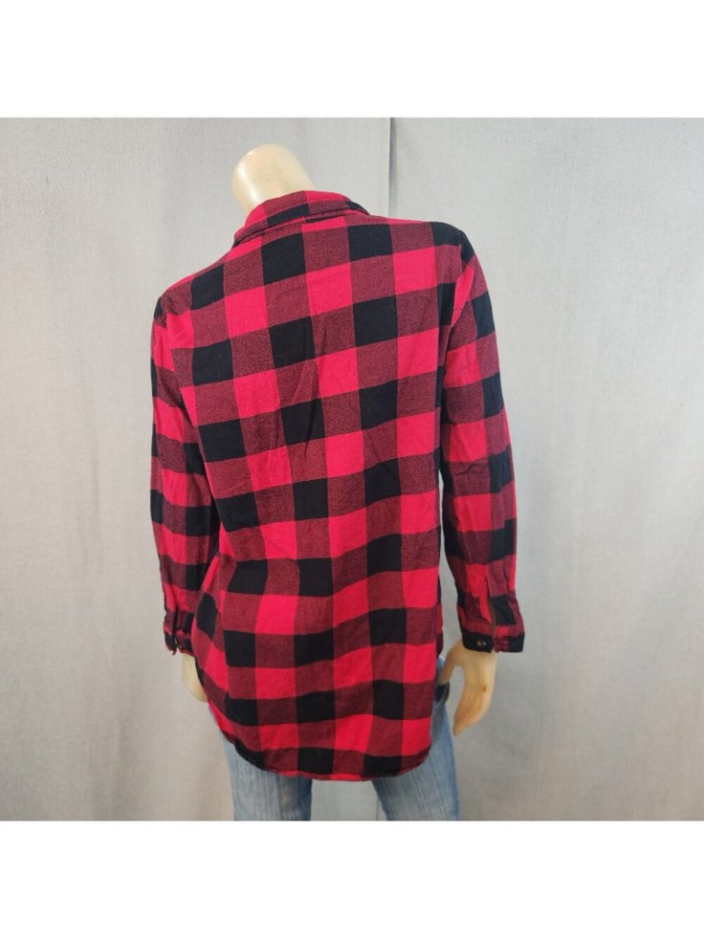 Socialite Red Black Buffalo Plaid Flannel Button Front Top Shirt Blouse LARGE - Picture 4 of 6